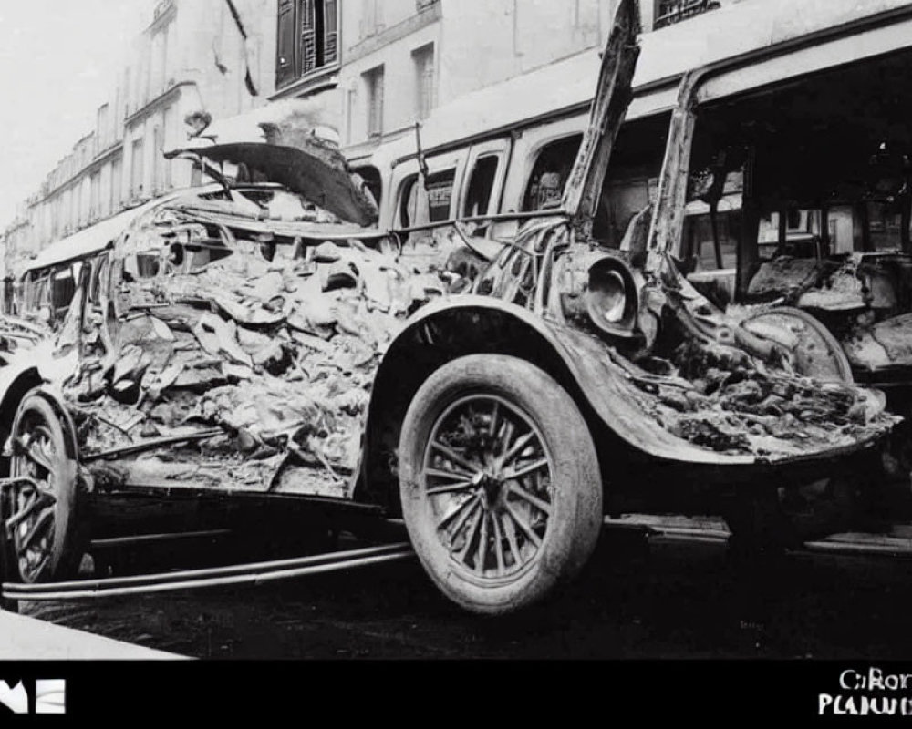 Vintage car heavily damaged on city street in black-and-white photo