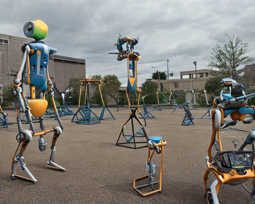 Robotic Figures in Playground Setting with Swings