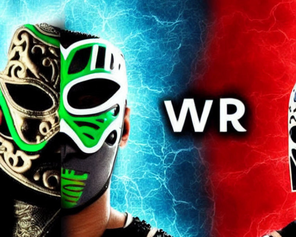 Masked wrestlers in red and blue masks on split background with lightning effect and "WR" center.