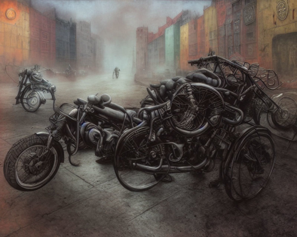 Desolate foggy street with pile of motorcycles and colorful buildings