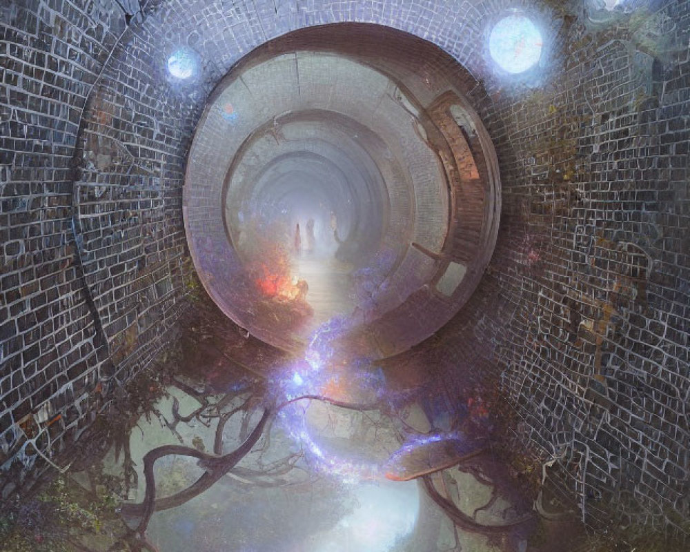 Brick tunnel with magical orbs, trees, and figures in luminous setting