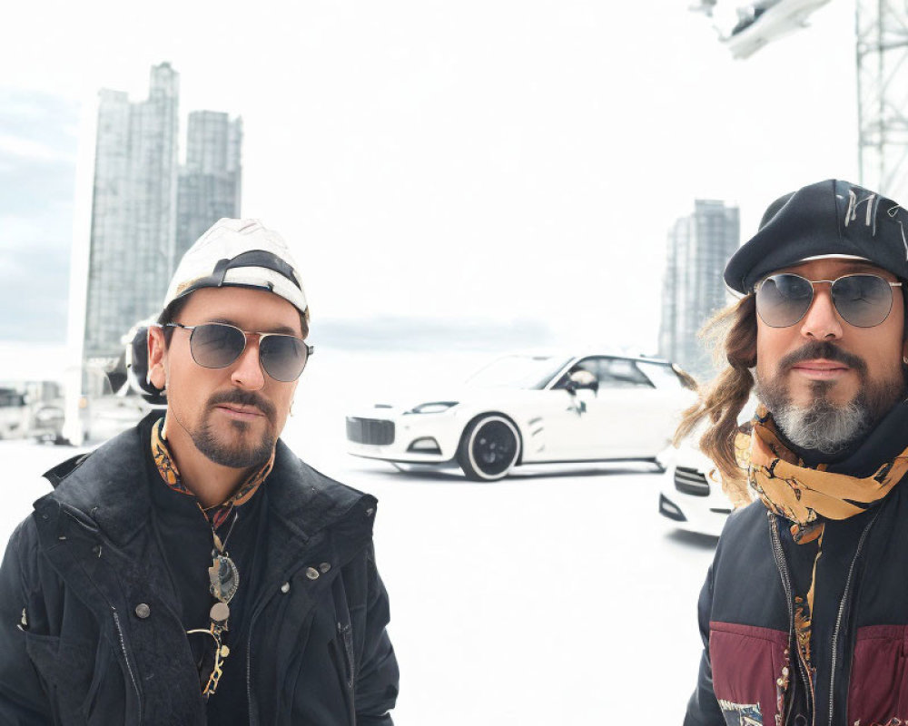 Stylish men in hats and sunglasses in snowy cityscape with sports car