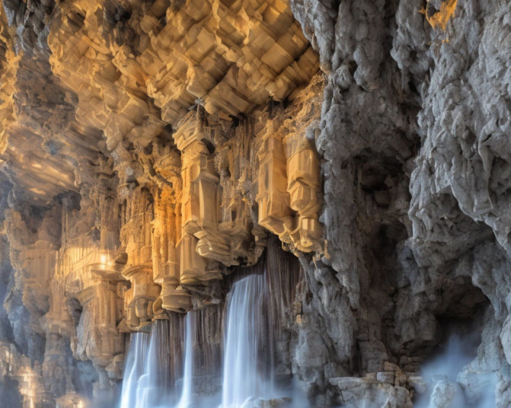 Majestic cave with intricate stalactites and gentle waterfall