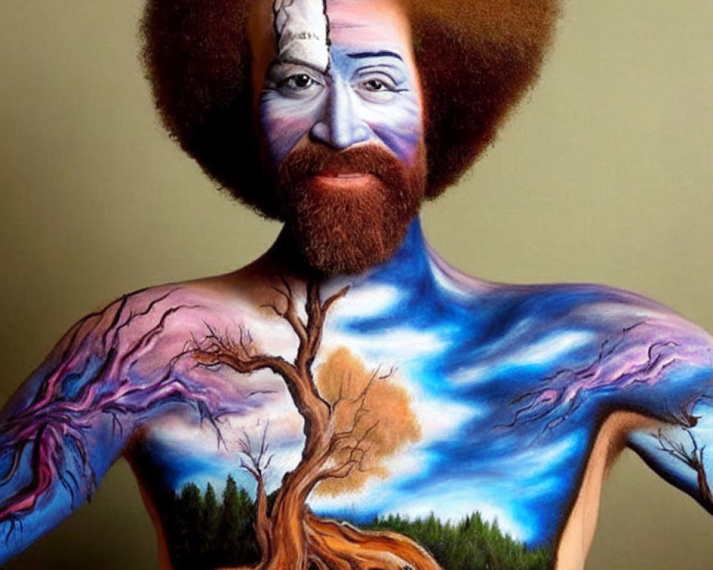Body and face paint creating tree landscape illusion