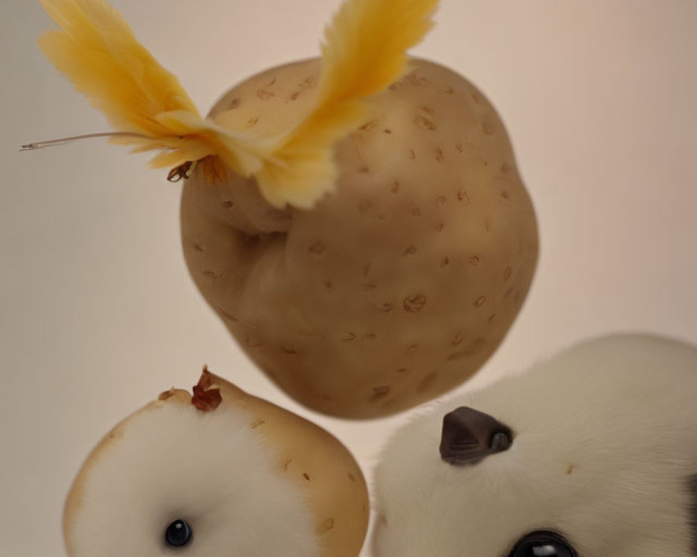 Whimsical photo of potato, apple, and guinea pig transformation