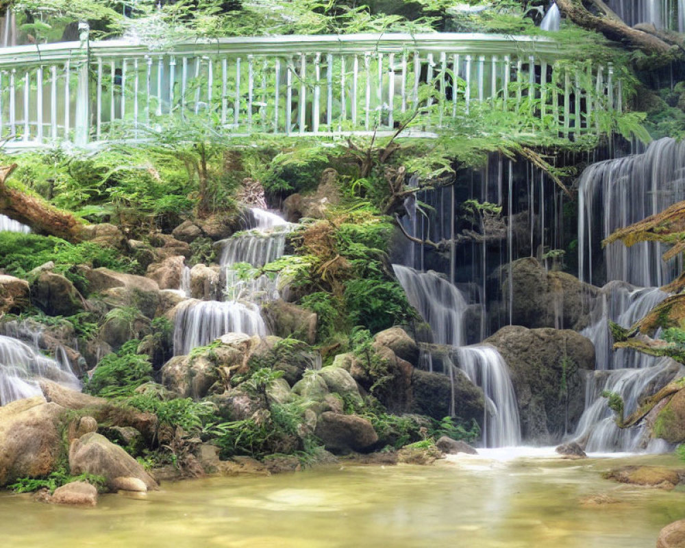 Tranquil waterfall flows under mossy rocks and white bridge surrounded by greenery