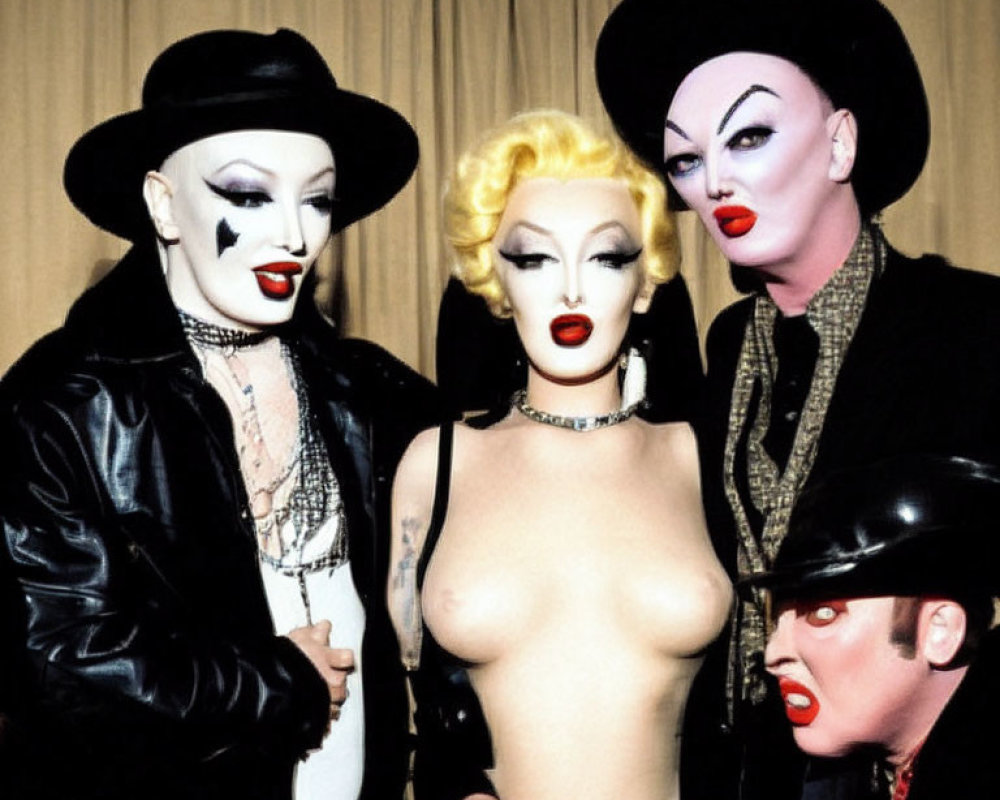 Four individuals in dramatic makeup and costumes with bold lipstick and eye makeup.