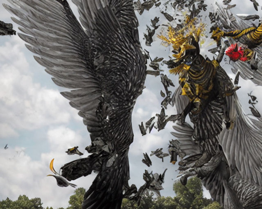 Digital artwork of large eagles in mid-air battle with smaller birds and intricate debris