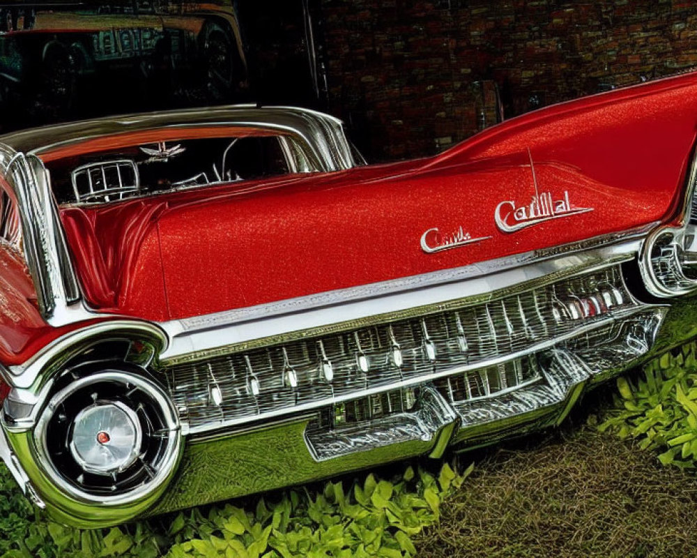 Vintage Red Cadillac with Chrome Details and White-Wall Tires Reflecting Greenery