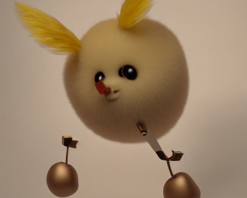 Fluffy round creature with yellow ears and bell-like limbs on tan background