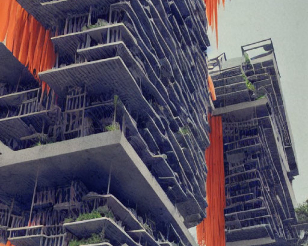 Futuristic high-rise building with greenery and orange accents in urban landscape
