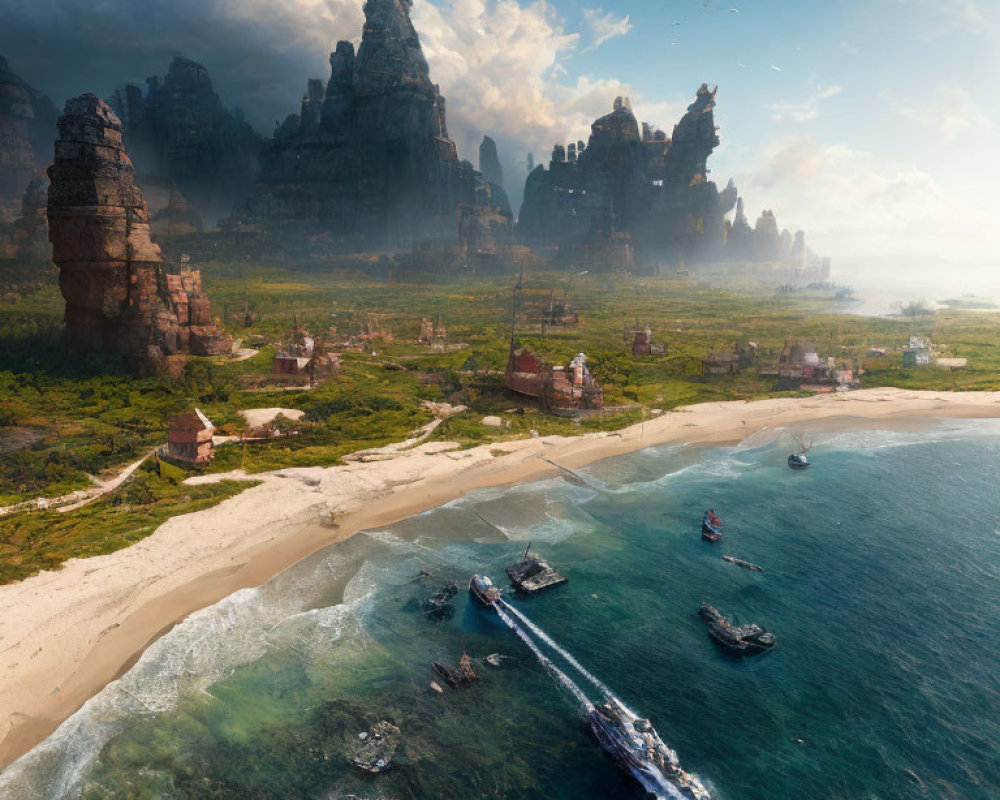 Fantasy coastal landscape with towering rocks, beach, ancient buildings, hazy sky, floating islands,