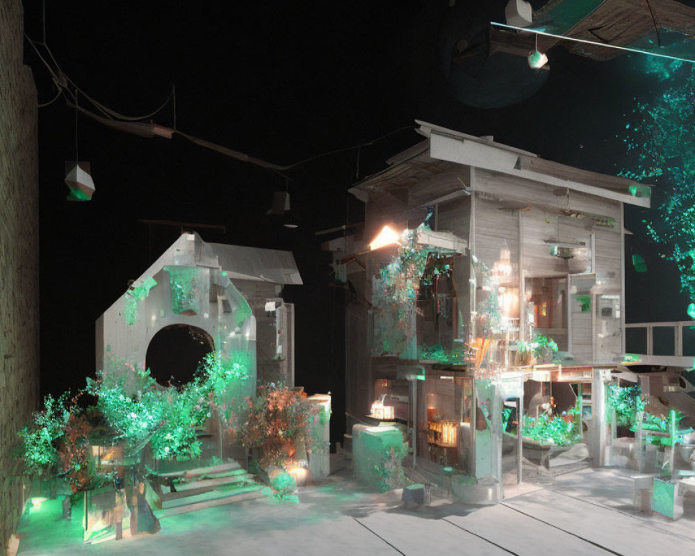 Miniature Scale Model of Two-Story Building with Illuminated Interiors and Glowing Greenery