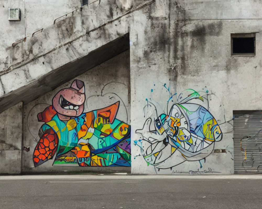 Colorful Abstract Street Mural with Cat and Fish Figures