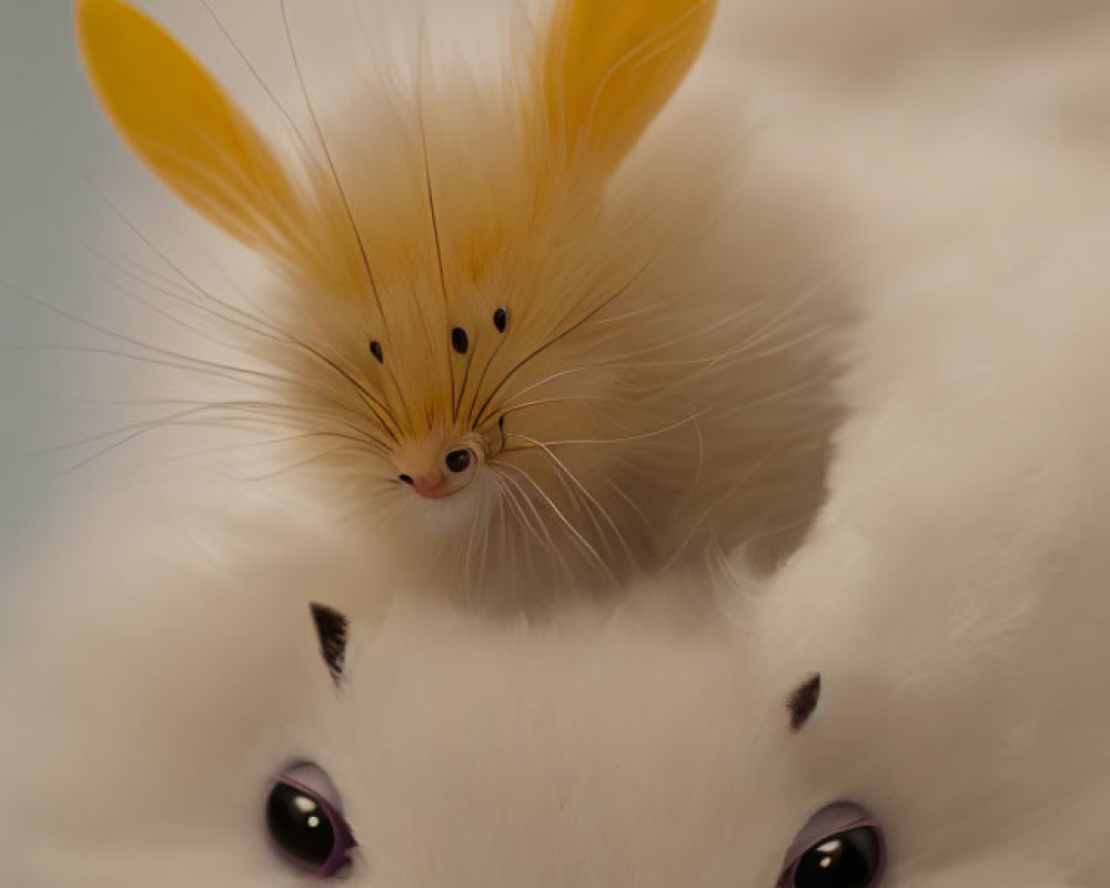 Whimsical image of small creature with yellow ears on larger white creature