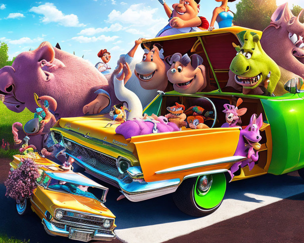 Colorful Animated Characters on Whimsical Road Trip in Classic Yellow Convertible