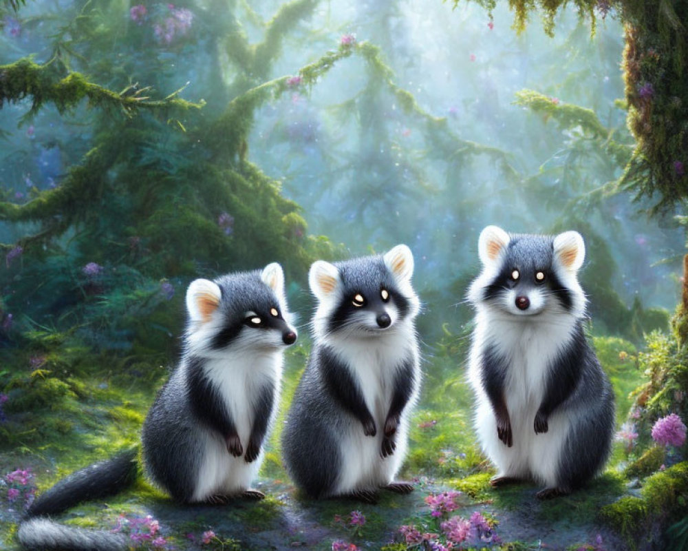 Cartoon raccoons in magical forest with mossy trees and purple flowers