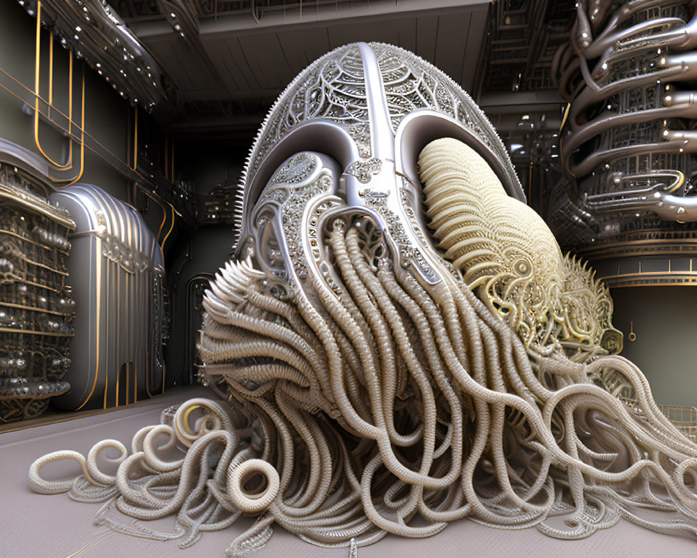 Digital artwork: Skull-like structure with metallic embellishments and tentacle-like tubes in industrial setting