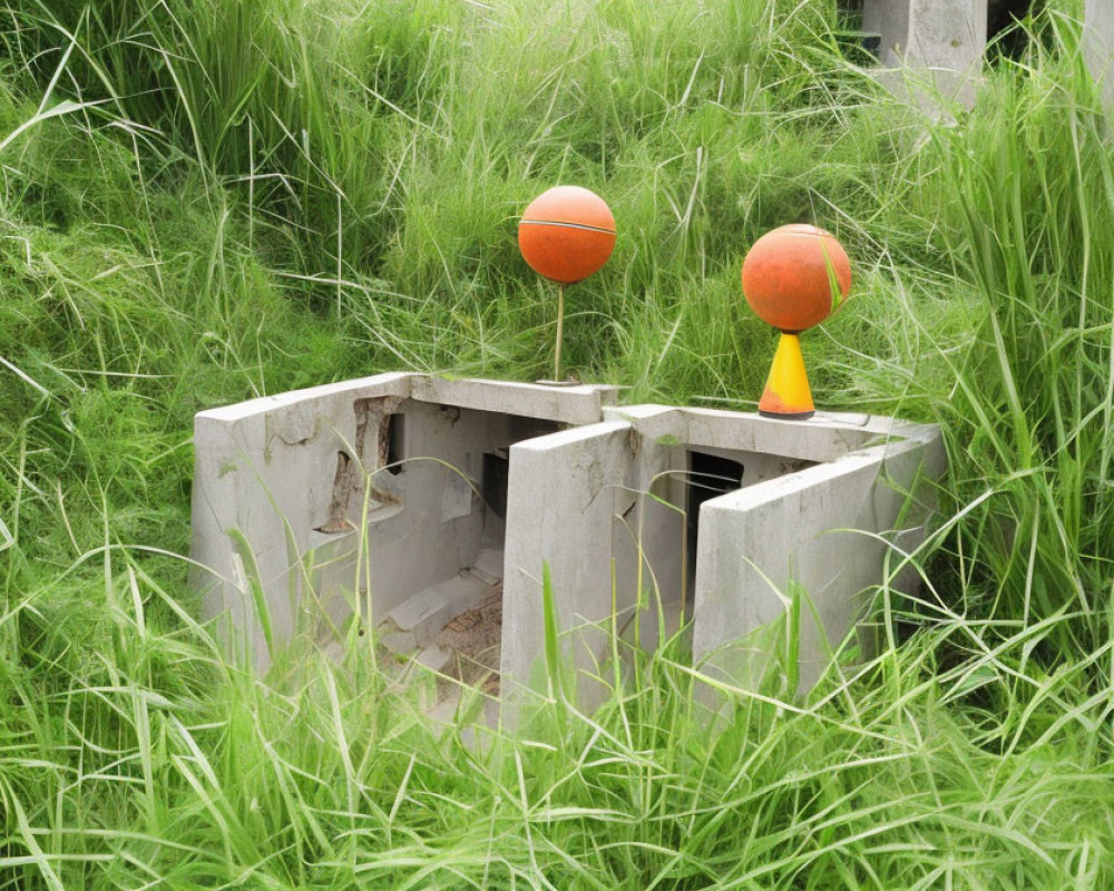 Basketballs on Concrete Structures in Green Grass