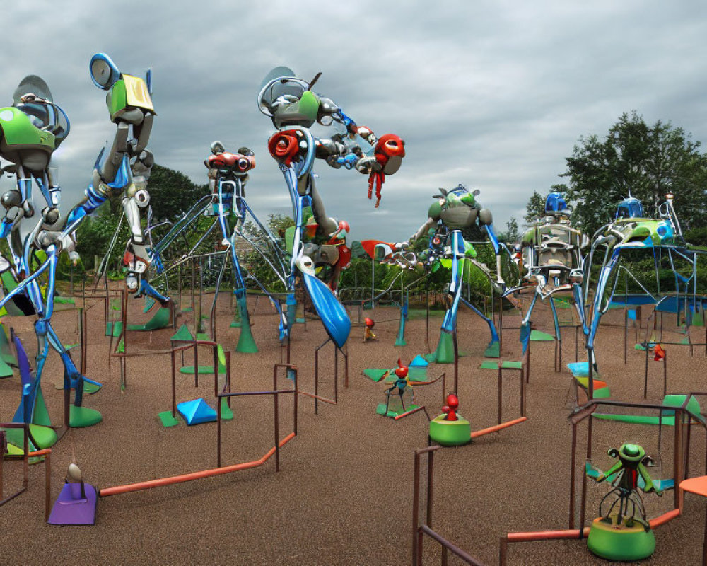 Vibrant playground with robot sculptures and climbing structures under cloudy sky