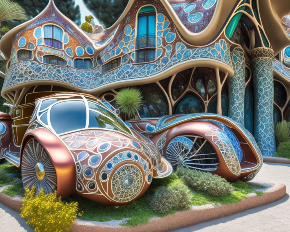 Intricate Patterned Futuristic Car Parked by Whimsical Building