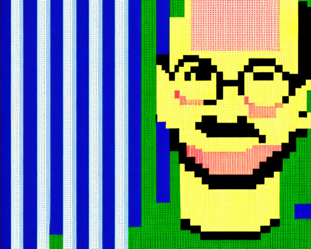 Smiling person with glasses in pixelated graphic on striped background