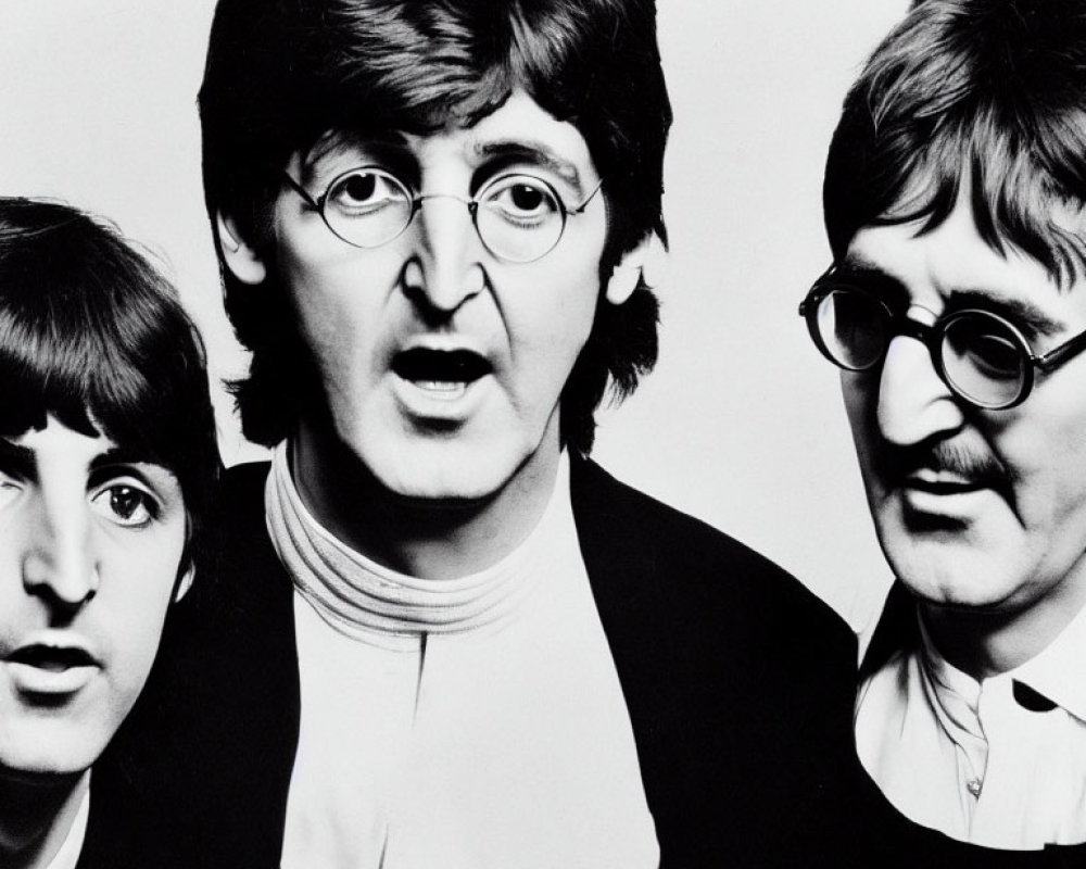 Three Men with Similar Hairstyles and Glasses in Black and White Photo