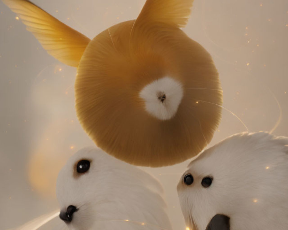 Whimsical creatures with white fur and bird-like wings in magical setting