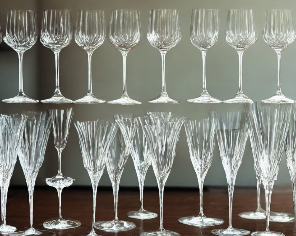 Symmetrically arranged empty wine glasses on glossy wooden surface