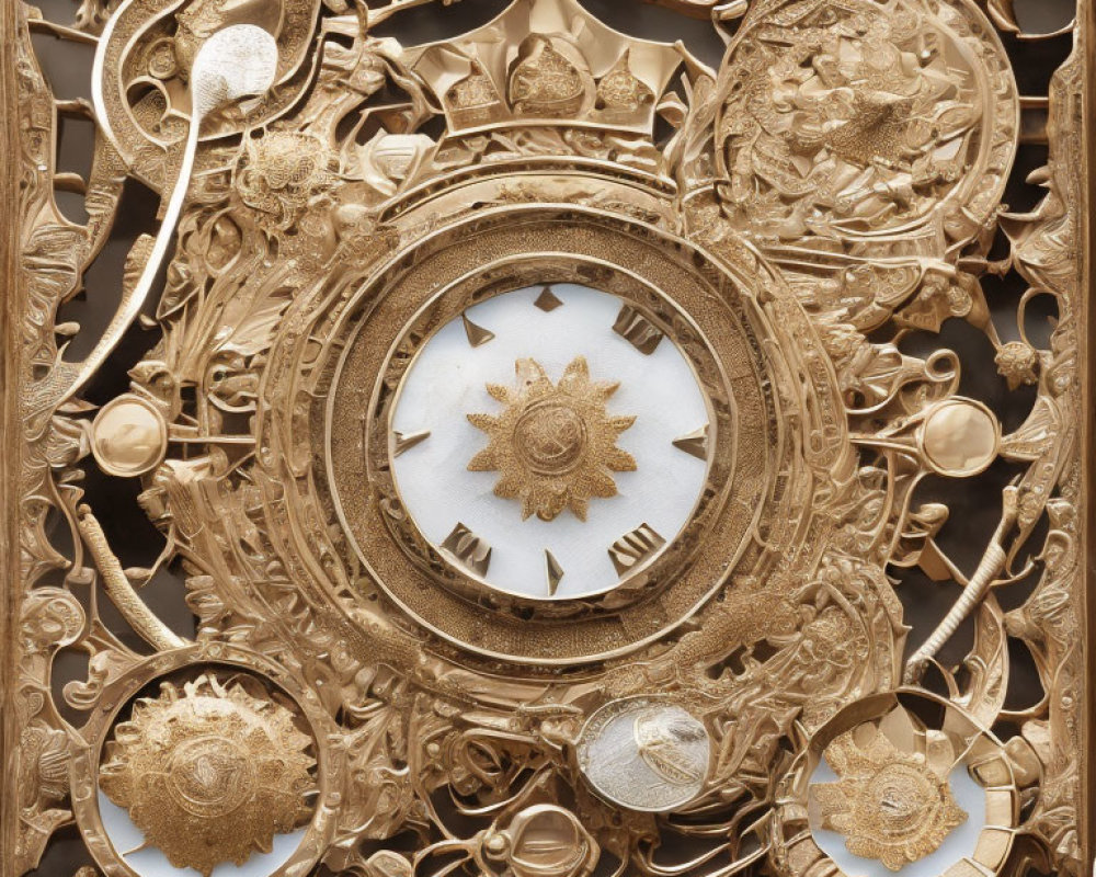 Golden Clock with Ornate Floral Patterns and Roman Numerals