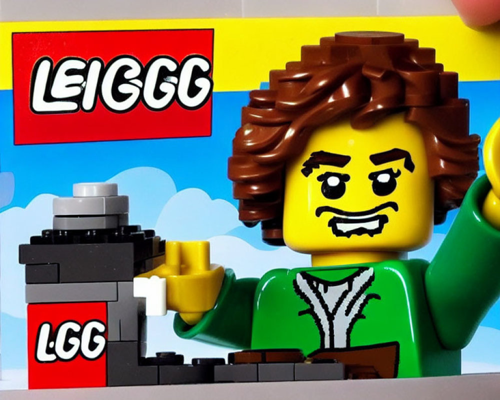 Brown-haired LEGO figure with green top and LEGO camera with parodied logos