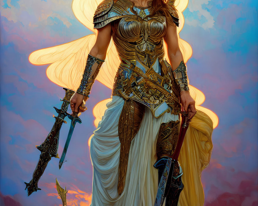 Female warrior in golden armor wields swords with angelic wings