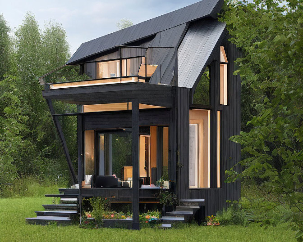 Contemporary two-story house with large windows, black exterior, and wooden accents in green surroundings.