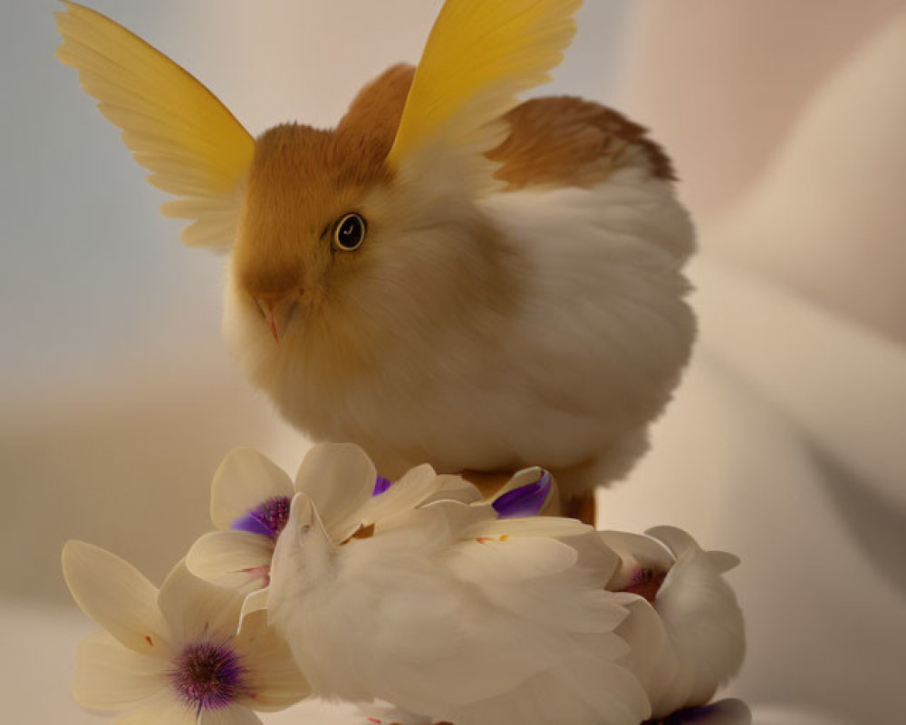 Unique creature with bird body, rabbit head, and butterfly wings near flowers