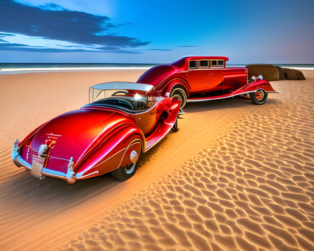 Futuristic red car and trailer on sandy beach under twilight sky