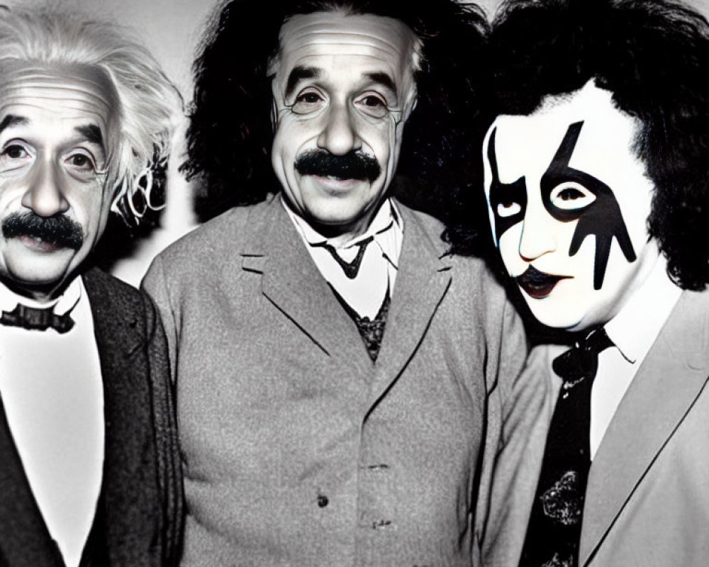 Impersonators of Einstein, Groucho Marx, and KISS member in black and white photo