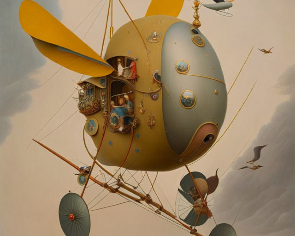 Detailed Steampunk Airship with Propellers, Birds, and Onlookers