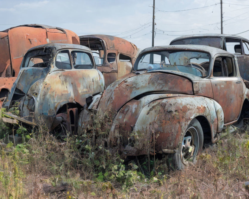 Abandoned vintage cars with peeling paint in a rusty junkyard