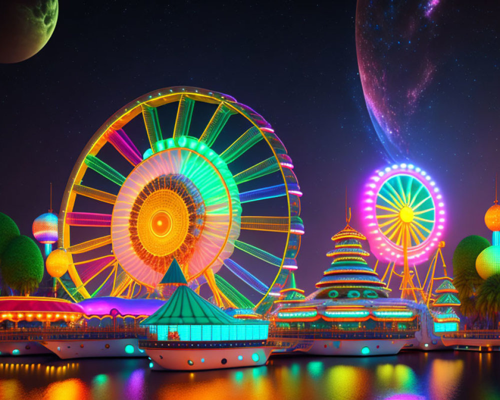 Colorful illuminated amusement park at night with Ferris wheels and cosmic sky.