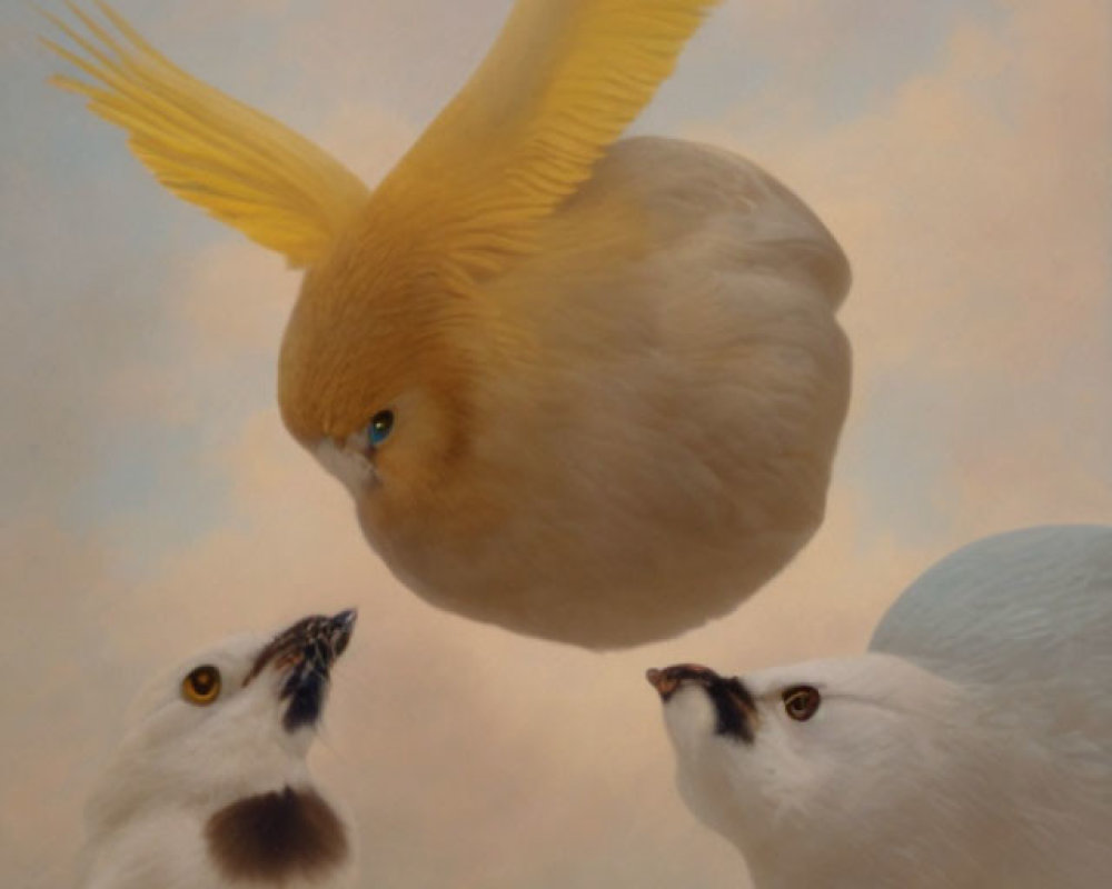 Fluffy bird with lion head flying over fluffy birds with cat faces