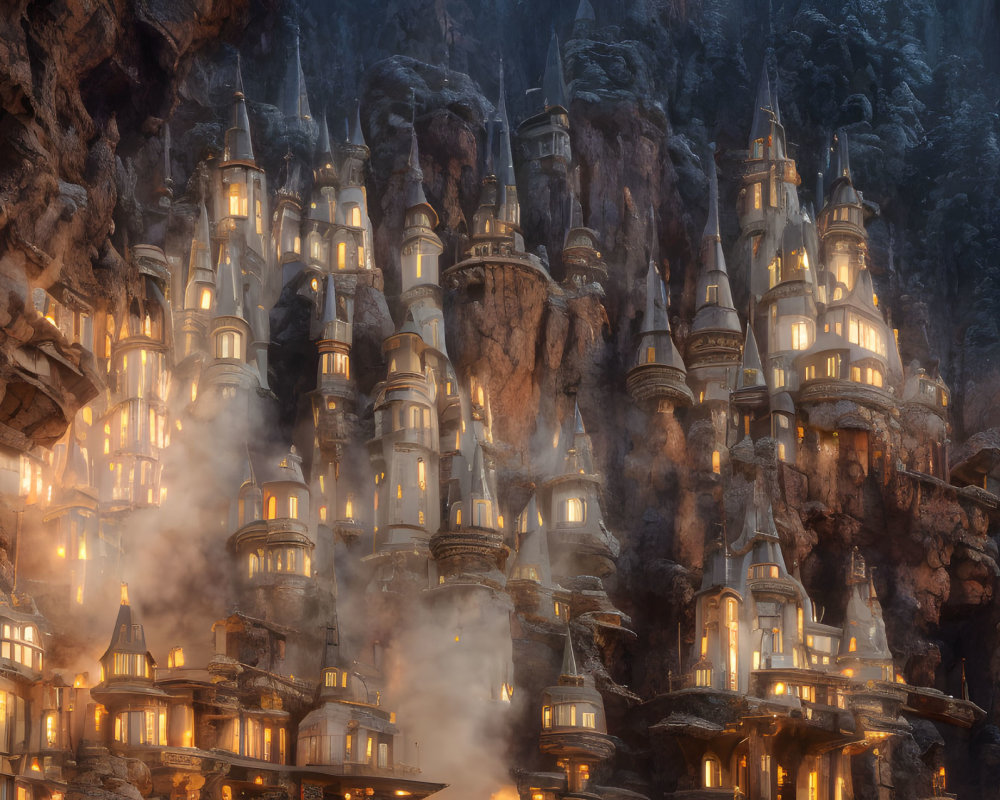 Fantasy mountain city with illuminated towers and misty cliffs