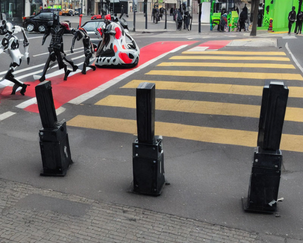 City street with retractable bollards, zebra crossing, colorful bicycle, and green vehicle.