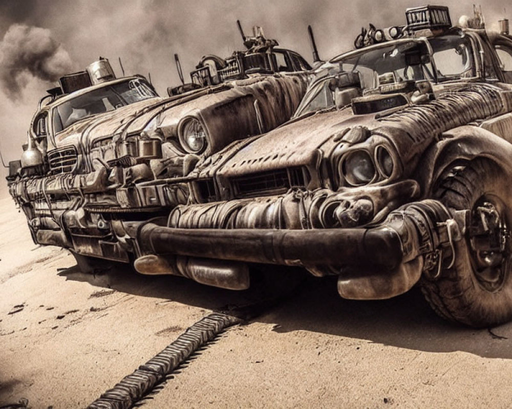 Modified post-apocalyptic vehicles with exposed engines and armored exteriors in a sandy wasteland