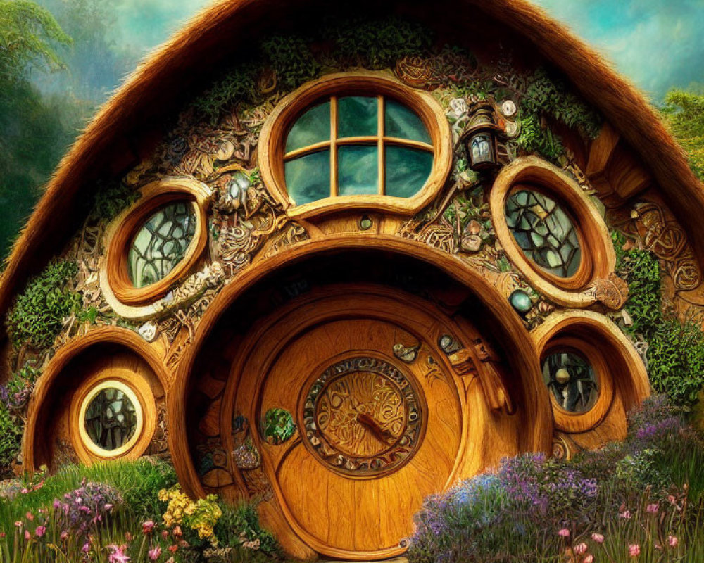 Circular-door hobbit-style house in lush landscape with thatched roof and flowers