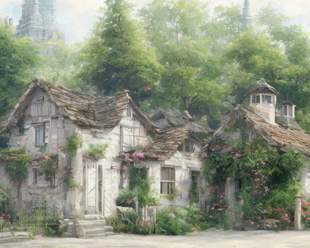 Tranquil painting of old cottages with climbing plants and misty cathedral silhouette