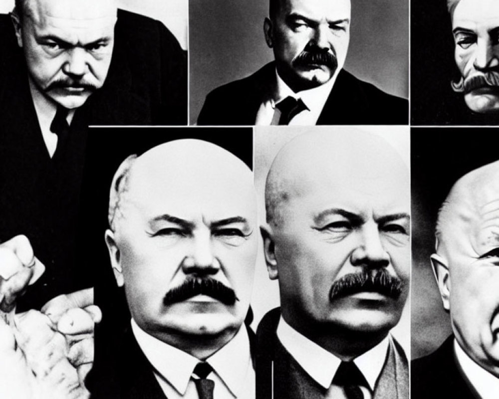 Black and White Collage of Man with Mustache in Different Expressions