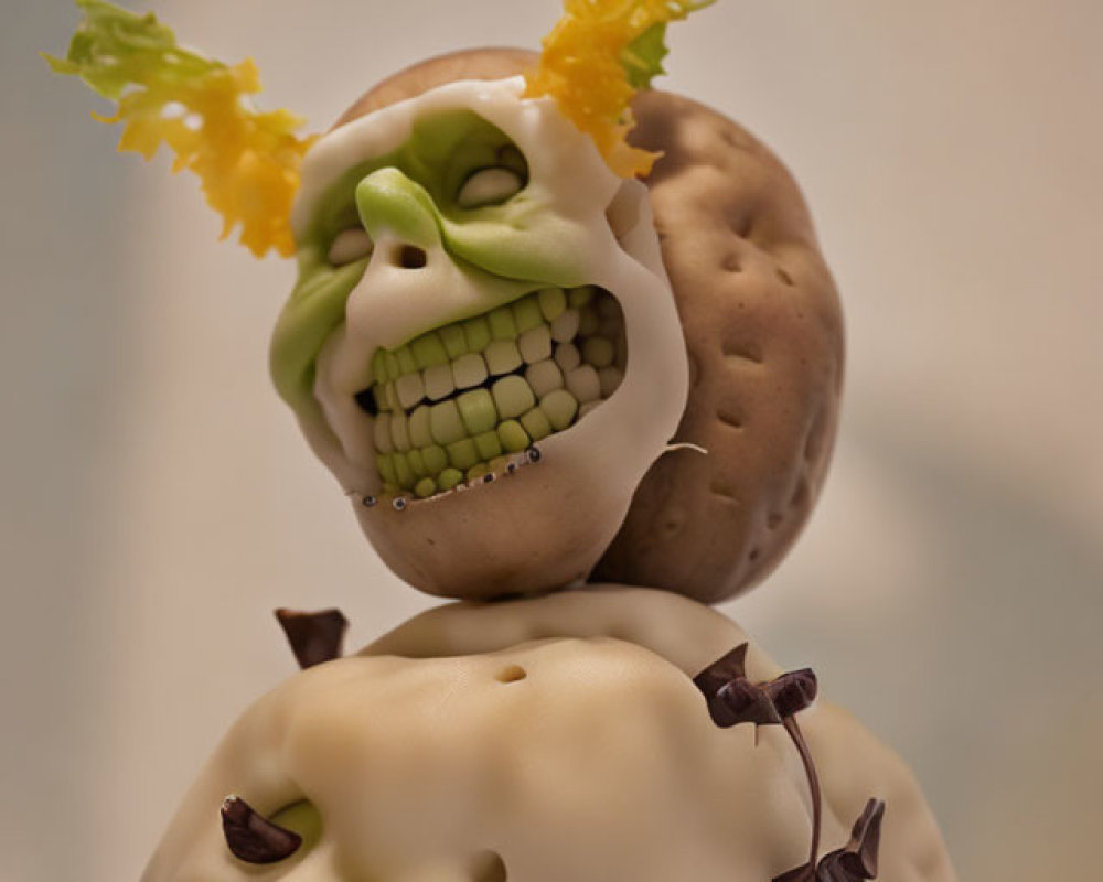 Character sculpture with potato head, green face, bared teeth, on white blob with purple appendages