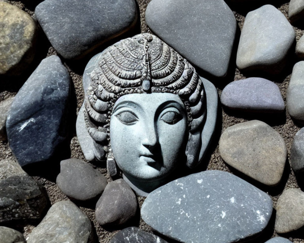 Carved Stone Sculpture of Serene Face with Traditional Headdress