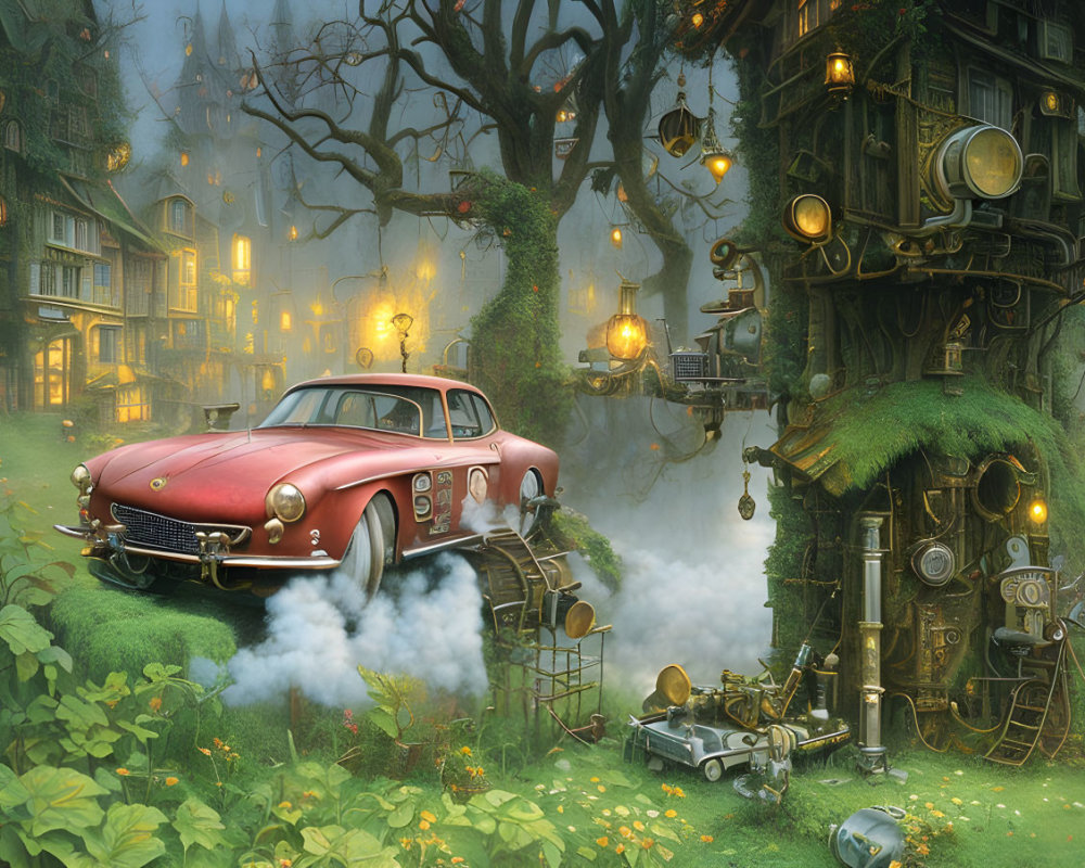 Vintage Red Car Parked by Steampunk Treehouse in Enchanted Forest