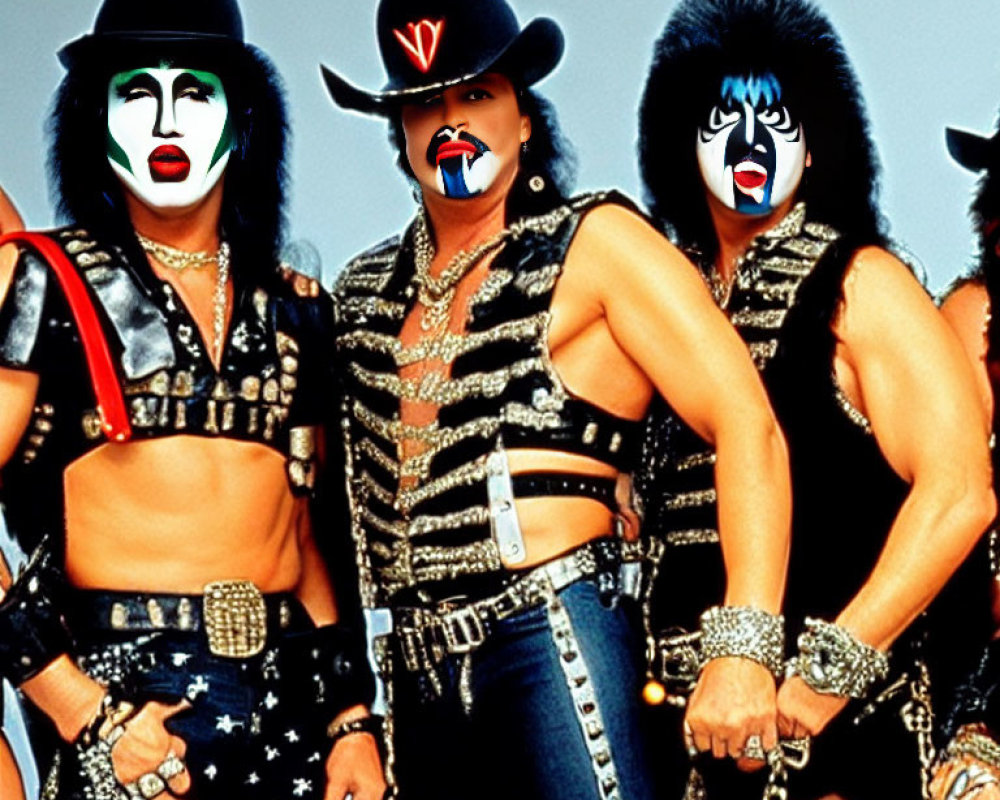 Three individuals in rock attire with iconic face paint and outfits